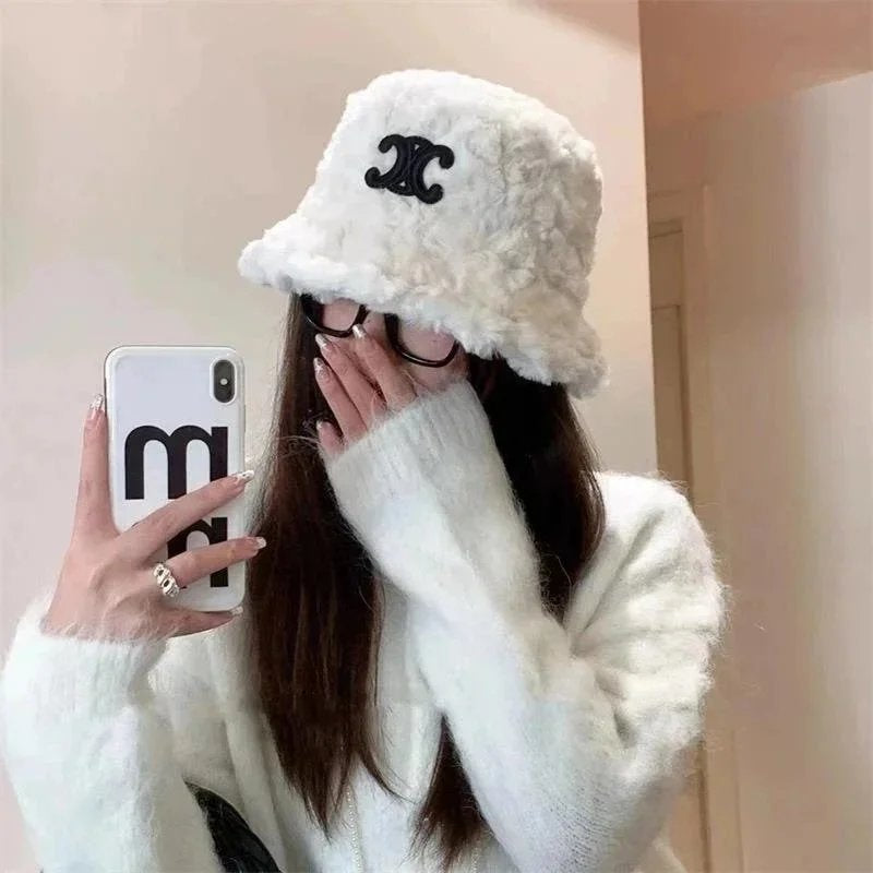 Arc de Triomphe Furry Fisherman Hat Lamb Wool Autumn Winter Furry Hat Women's Warm Windproof 3D Embroidery Bucket Hat-1520