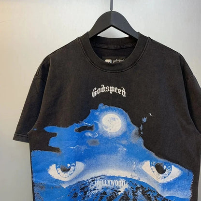 God spe**  Amig**Washed and distressed American street style unisex summer pure cotton loose retro short sleeve T Shirt-0445