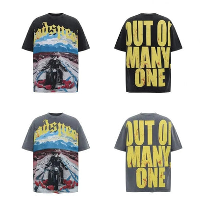 God spe**  Amig**Washed and distressed American street style unisex summer pure cotton loose retro short sleeve T Shirt-0445