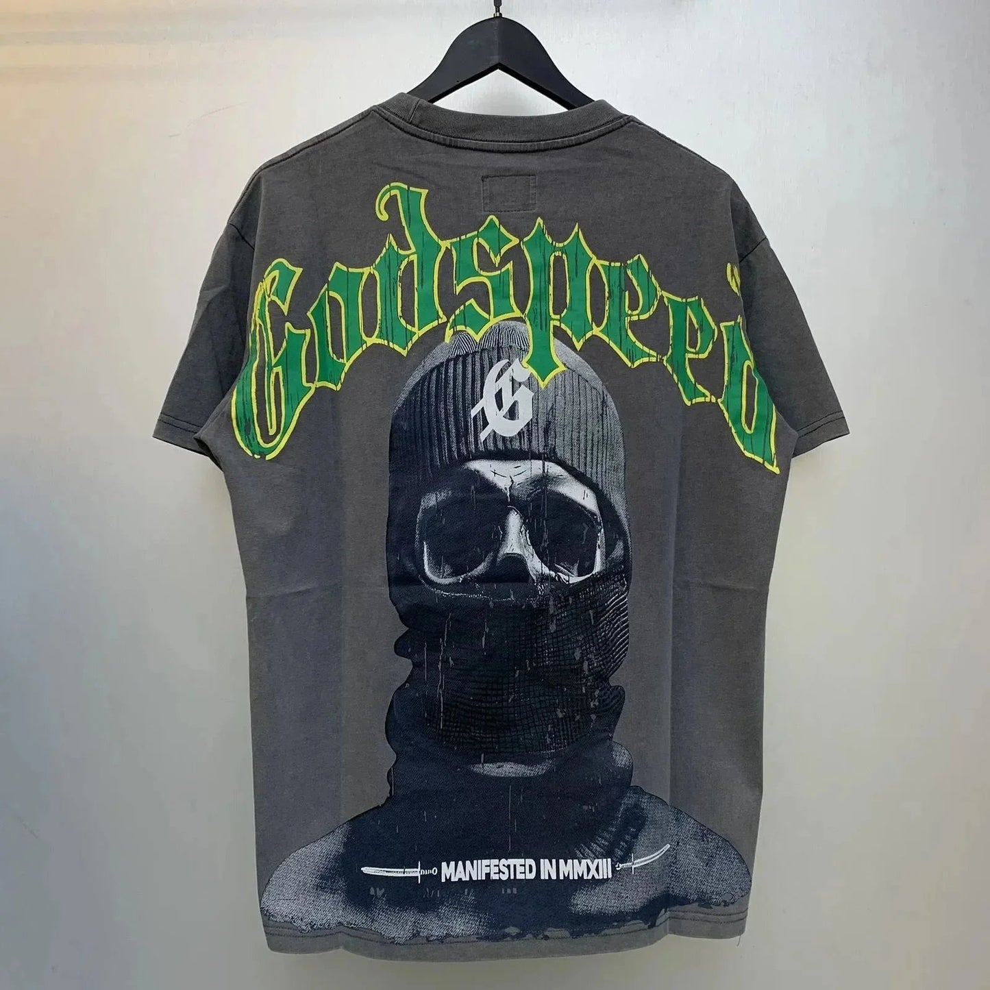 God spe**  Amig**Washed and distressed American street style unisex summer pure cotton loose retro short sleeve T Shirt-0445