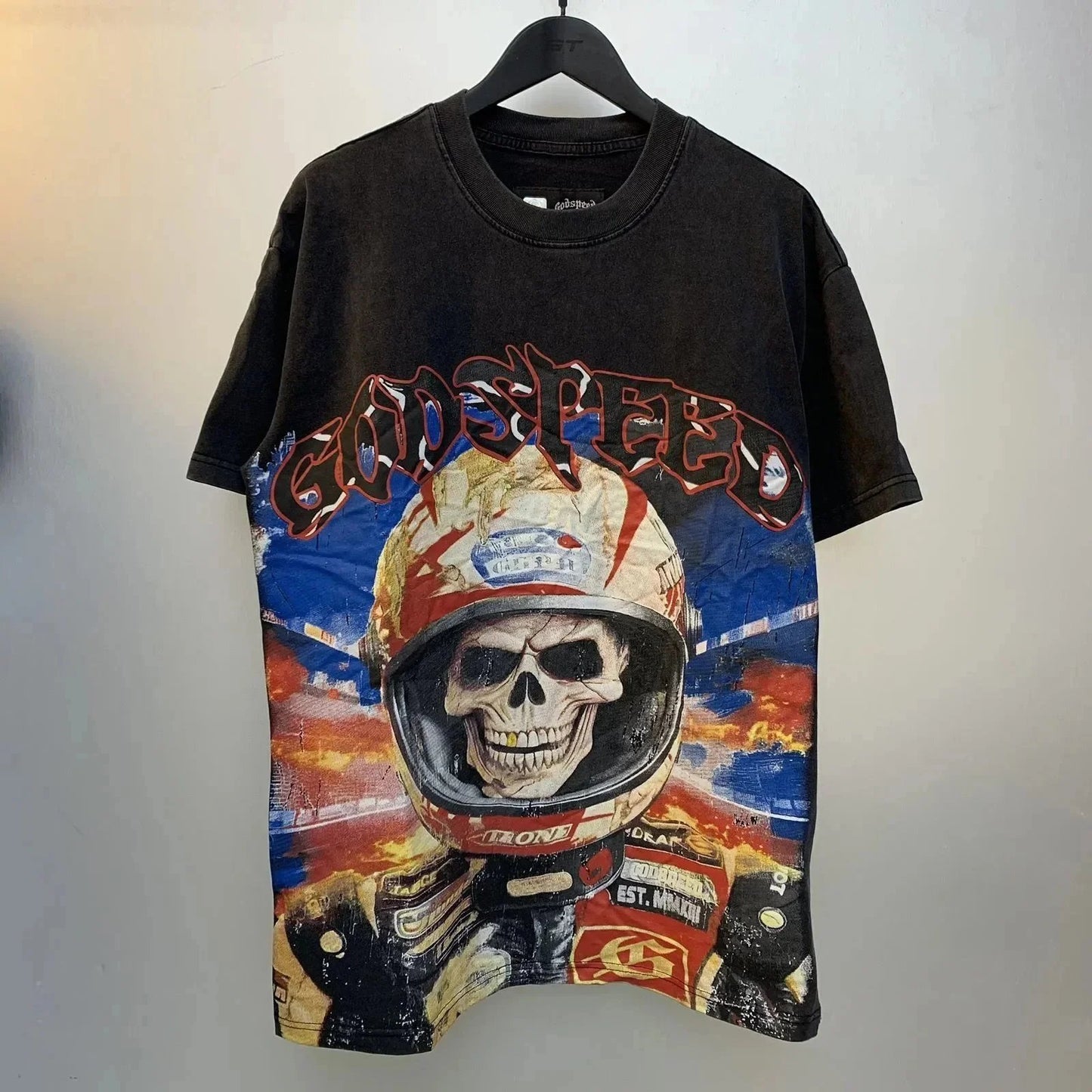 God spe**  Amig**Washed and distressed American street style unisex summer pure cotton loose retro short sleeve T Shirt-0445