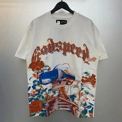 God spe**  Amig**Washed and distressed American street style unisex summer pure cotton loose retro short sleeve T Shirt-0445