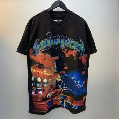 God spe**  Amig**Washed and distressed American street style unisex summer pure cotton loose retro short sleeve T Shirt-0445