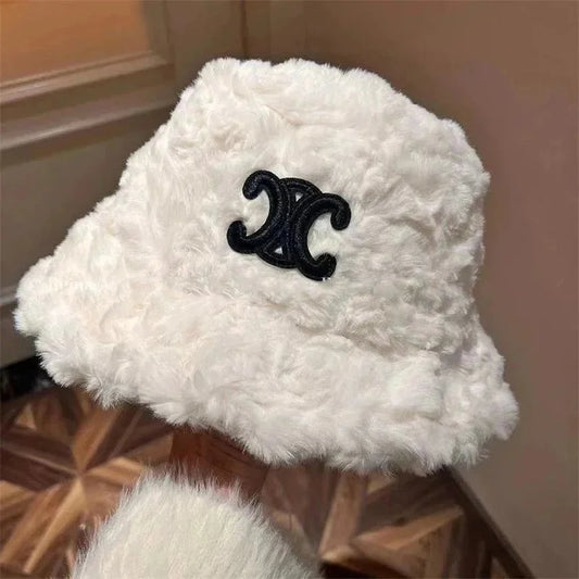 Arc de Triomphe Furry Fisherman Hat Lamb Wool Autumn Winter Furry Hat Women's Warm Windproof 3D Embroidery Bucket Hat-1520