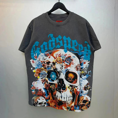 God spe**  Amig**Washed and distressed American street style unisex summer pure cotton loose retro short sleeve T Shirt-0445