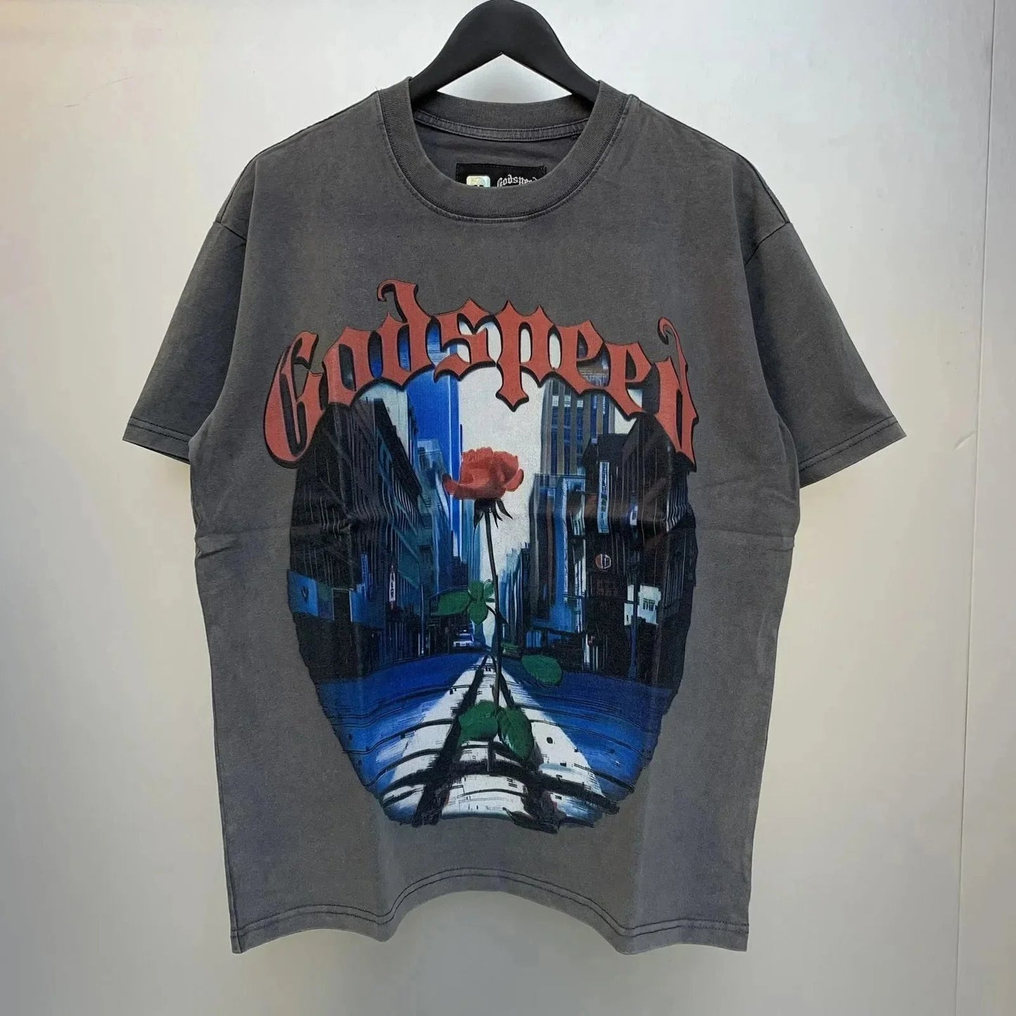 God spe**  Amig**Washed and distressed American street style unisex summer pure cotton loose retro short sleeve T Shirt-0445