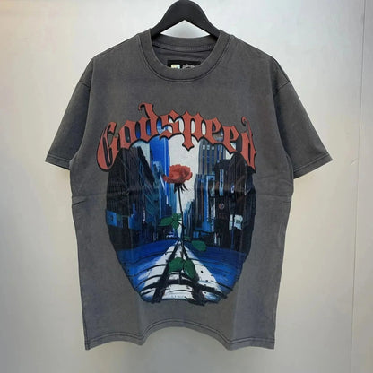 God spe**  Amig**Washed and distressed American street style unisex summer pure cotton loose retro short sleeve T Shirt-0445