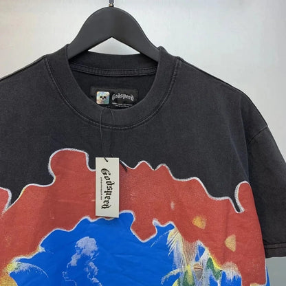 God spe**  Amig**Washed and distressed American street style unisex summer pure cotton loose retro short sleeve T Shirt-0445