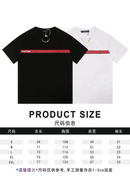 New short-sleeved red logo woven strap decorative chain T Shirt-1156