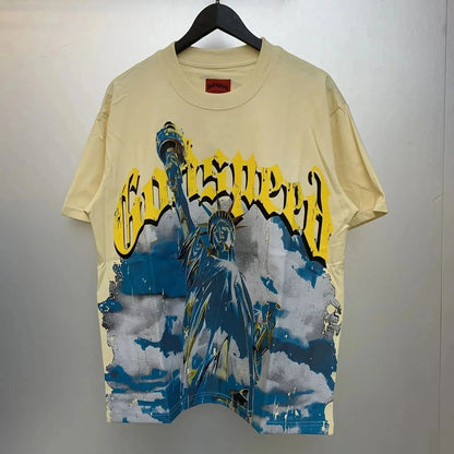 God spe**  Amig**Washed and distressed American street style unisex summer pure cotton loose retro short sleeve T Shirt-0445