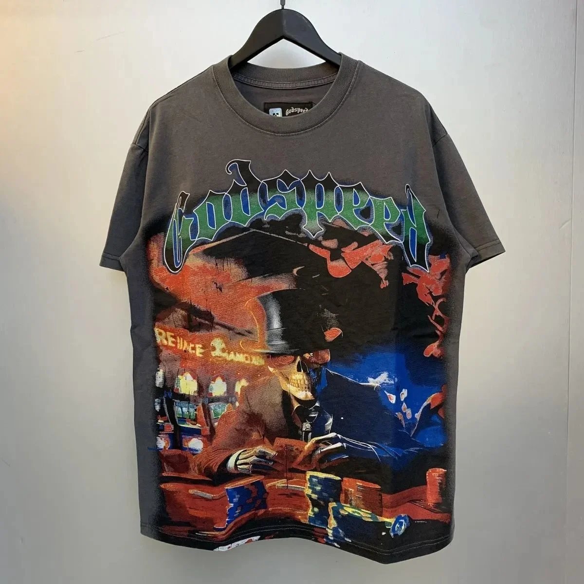 God spe**  Amig**Washed and distressed American street style unisex summer pure cotton loose retro short sleeve T Shirt-0445