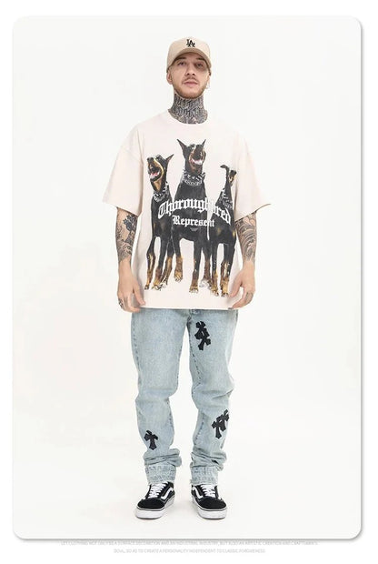 Animal Three Greyhounds Print Short Sleeve T Shirt-2782