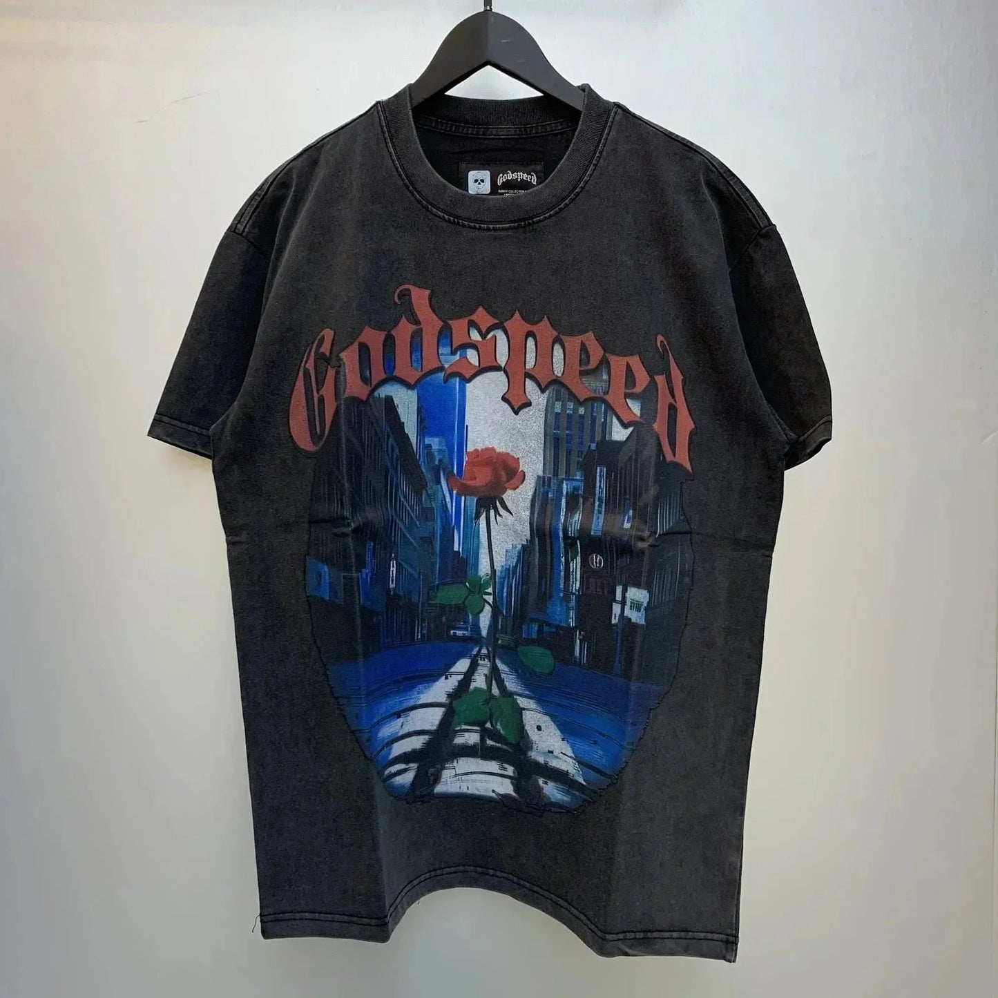 God spe**  Amig**Washed and distressed American street style unisex summer pure cotton loose retro short sleeve T Shirt-0445