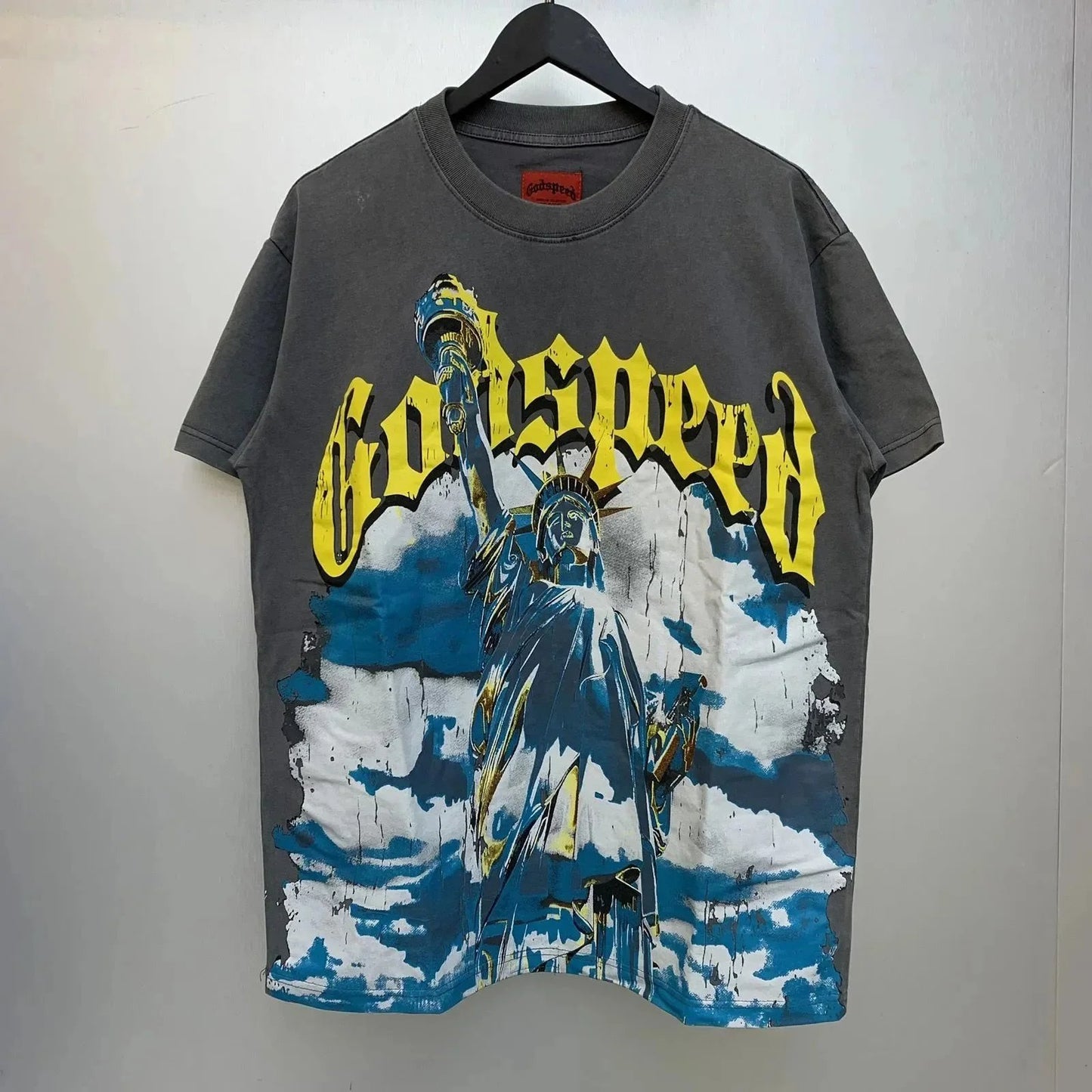 God spe**  Amig**Washed and distressed American street style unisex summer pure cotton loose retro short sleeve T Shirt-0445