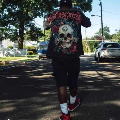 God spe**  Amig**Washed and distressed American street style unisex summer pure cotton loose retro short sleeve T Shirt-0445