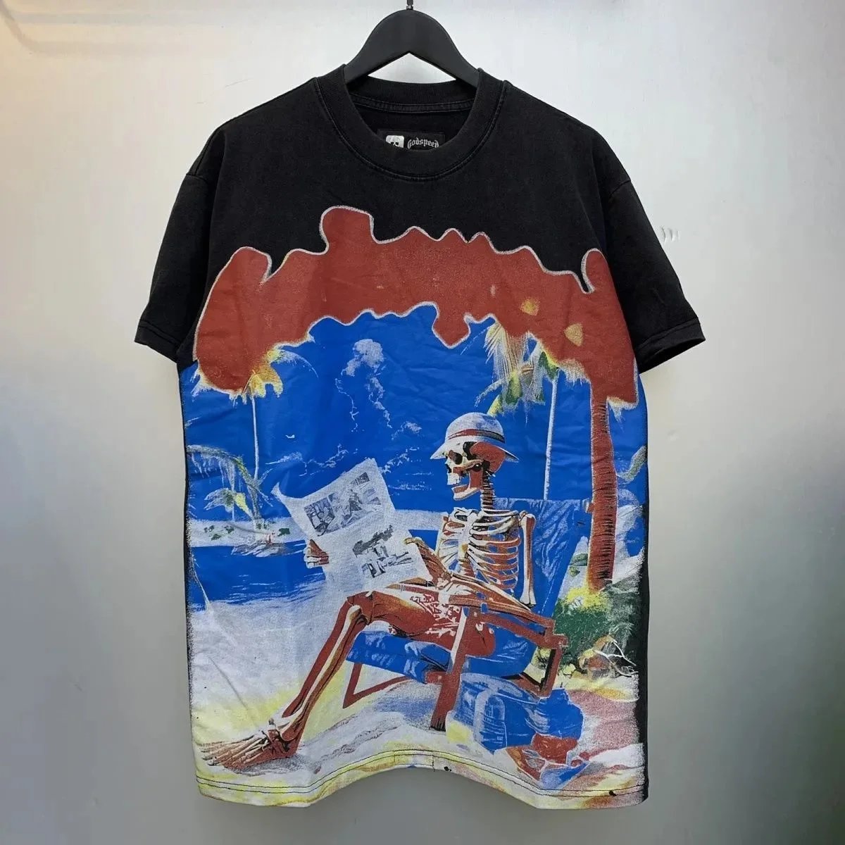 God spe**  Amig**Washed and distressed American street style unisex summer pure cotton loose retro short sleeve T Shirt-0445