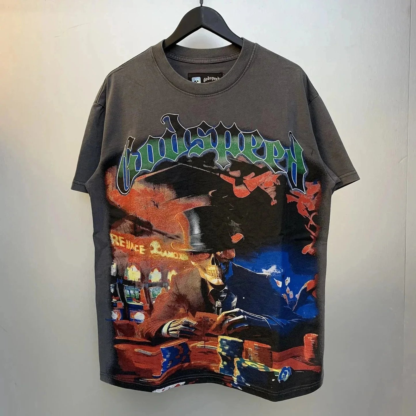 God spe**  Amig**Washed and distressed American street style unisex summer pure cotton loose retro short sleeve T Shirt-0445