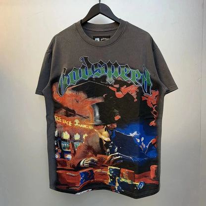 God spe**  Amig**Washed and distressed American street style unisex summer pure cotton loose retro short sleeve T Shirt-0445