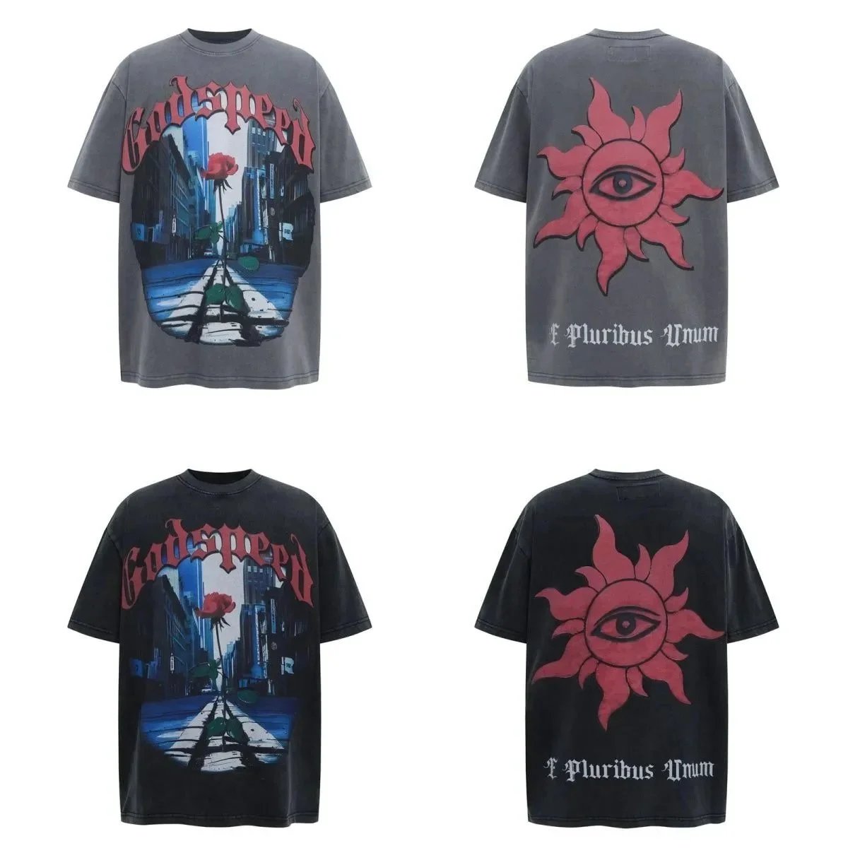 God spe**  Amig**Washed and distressed American street style unisex summer pure cotton loose retro short sleeve T Shirt-0445