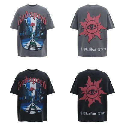 God spe**  Amig**Washed and distressed American street style unisex summer pure cotton loose retro short sleeve T Shirt-0445