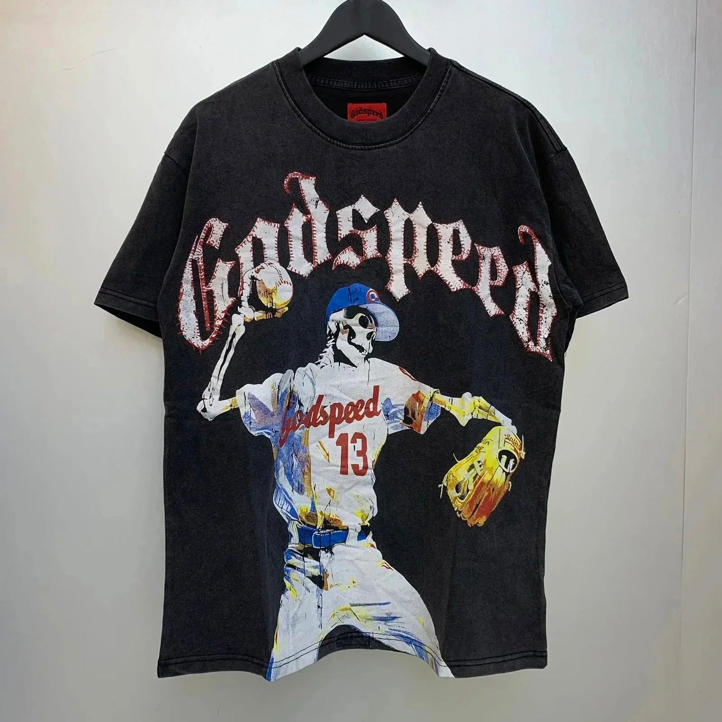 God spe**  Amig**Washed and distressed American street style unisex summer pure cotton loose retro short sleeve T Shirt-0445