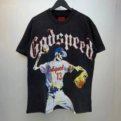 God spe**  Amig**Washed and distressed American street style unisex summer pure cotton loose retro short sleeve T Shirt-0445