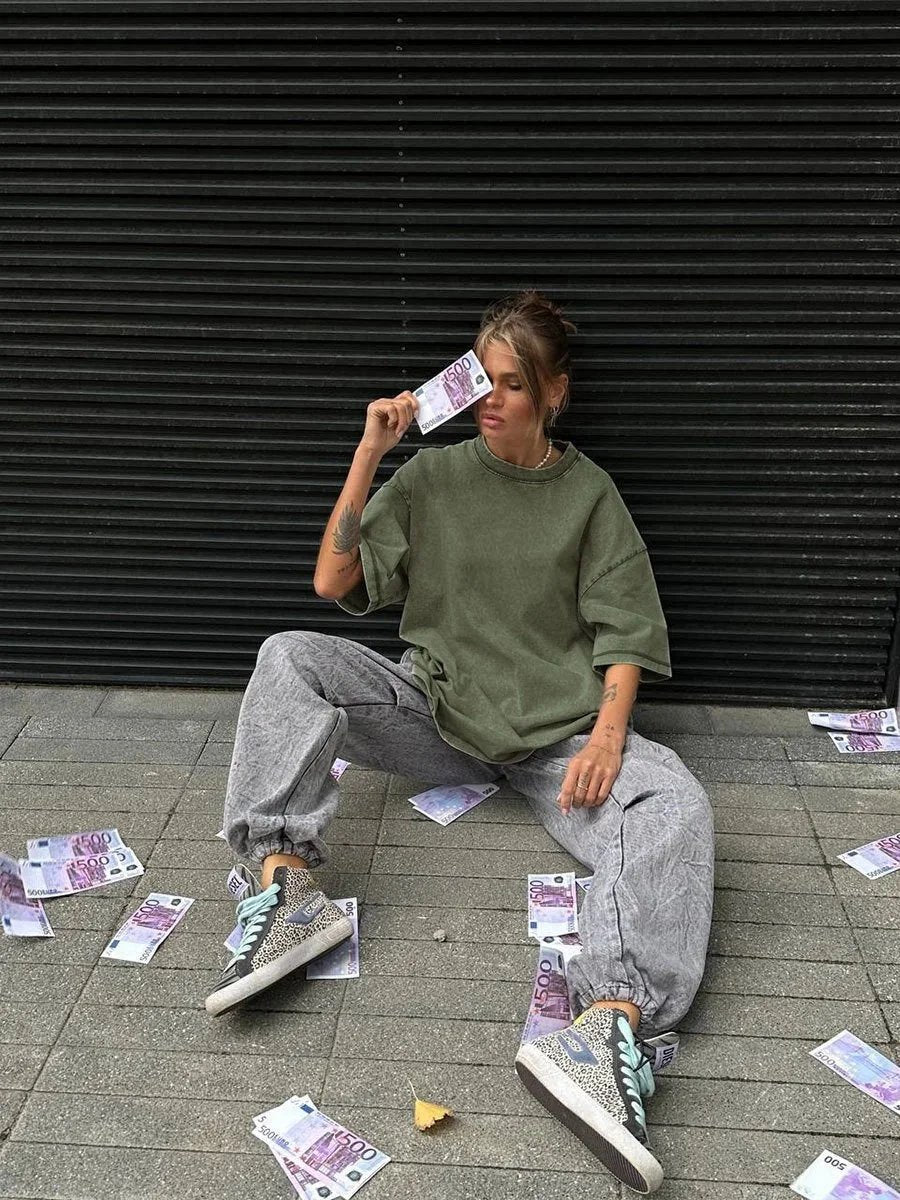 Women's Yoga Clothing European and American Loose Casual Short Sleeve T T-shirt Round Neck Washed Brushed Breathable Sports Top-2568