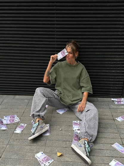 Women's Yoga Clothing European and American Loose Casual Short Sleeve T T-shirt Round Neck Washed Brushed Breathable Sports Top-2568