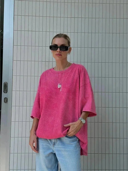 Women's Yoga Clothing European and American Loose Casual Short Sleeve T T-shirt Round Neck Washed Brushed Breathable Sports Top-2568