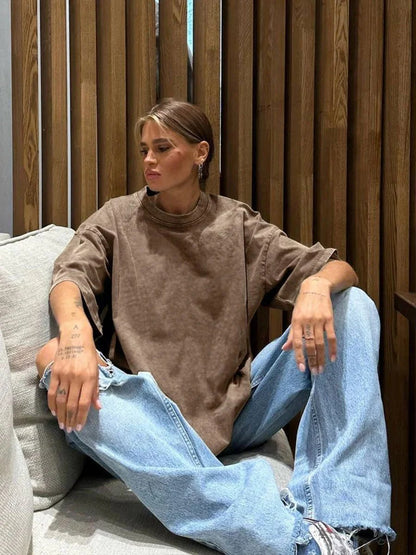 Women's Yoga Clothing European and American Loose Casual Short Sleeve T T-shirt Round Neck Washed Brushed Breathable Sports Top-2568