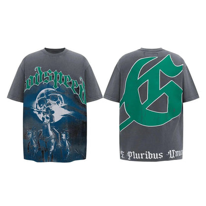 God spe**  Amig**Washed and distressed American street style unisex summer pure cotton loose retro short sleeve T Shirt-0445