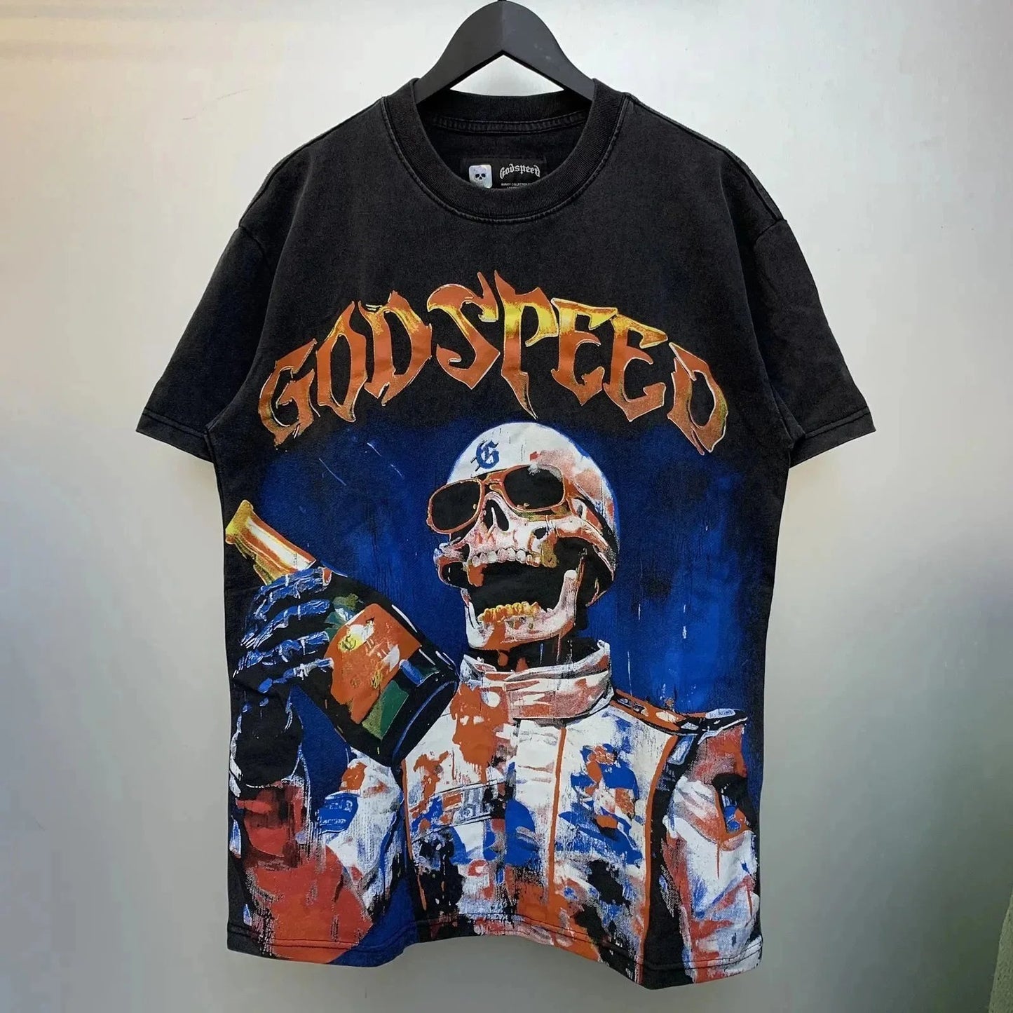 God spe**  Amig**Washed and distressed American street style unisex summer pure cotton loose retro short sleeve T Shirt-0445