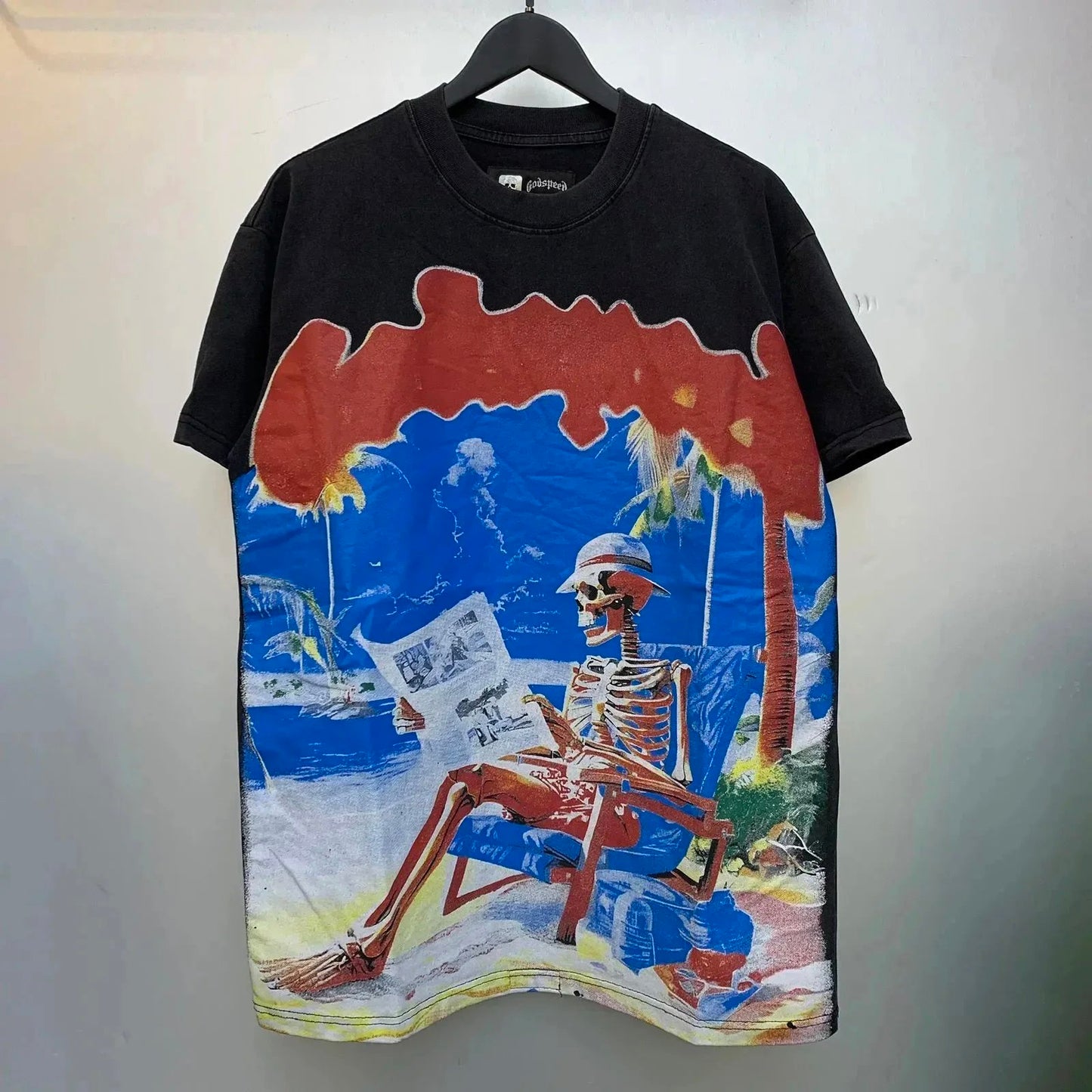 God spe**  Amig**Washed and distressed American street style unisex summer pure cotton loose retro short sleeve T Shirt-0445