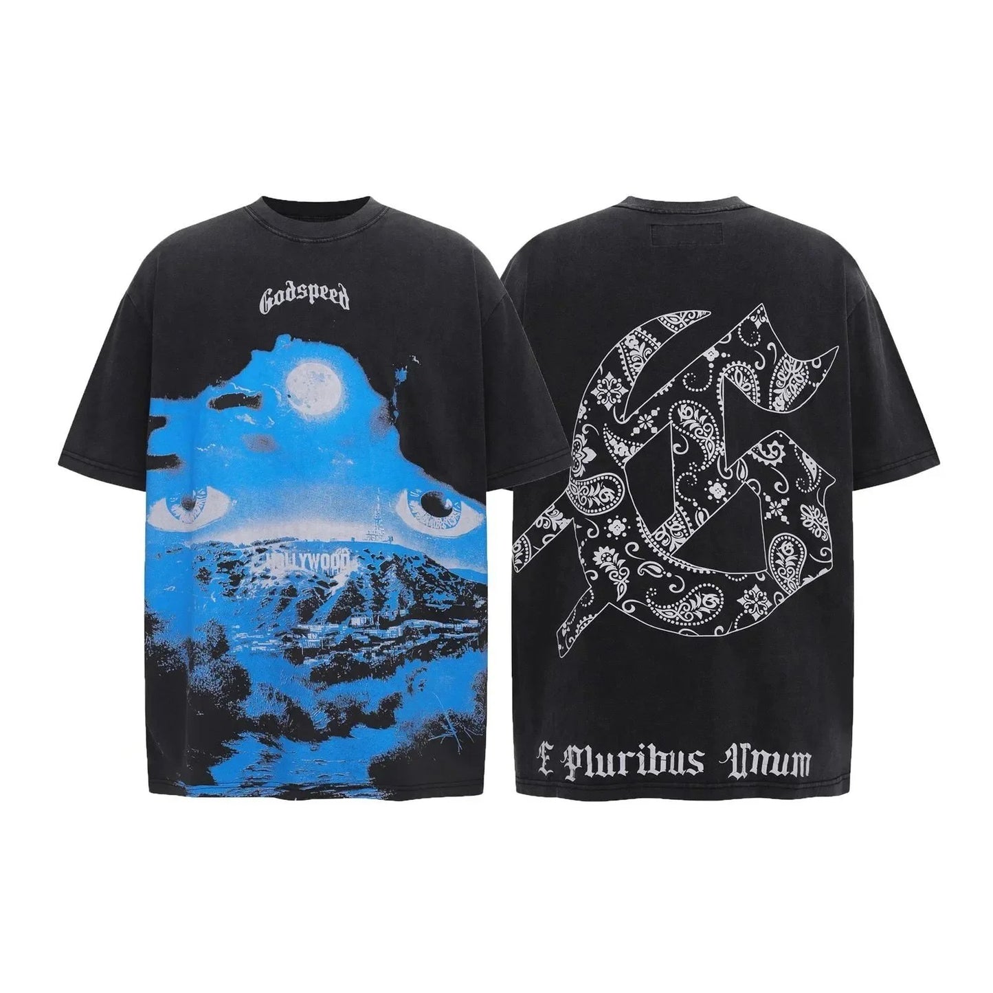 God spe**  Amig**Washed and distressed American street style unisex summer pure cotton loose retro short sleeve T Shirt-0445