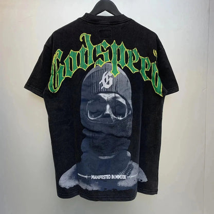 God spe**  Amig**Washed and distressed American street style unisex summer pure cotton loose retro short sleeve T Shirt-0445