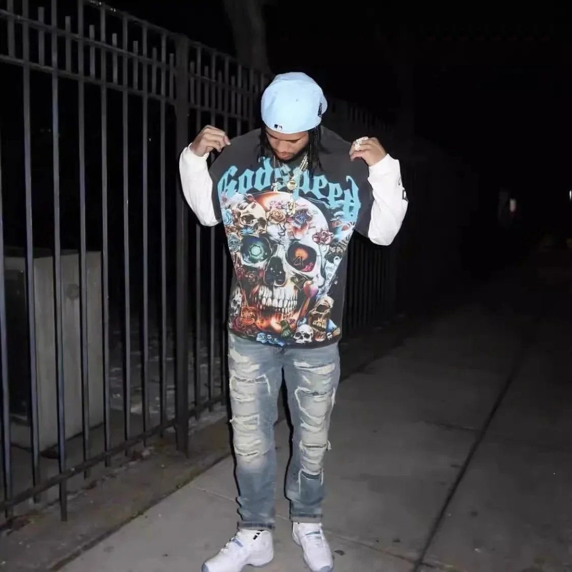 God spe**  Amig**Washed and distressed American street style unisex summer pure cotton loose retro short sleeve T Shirt-0445