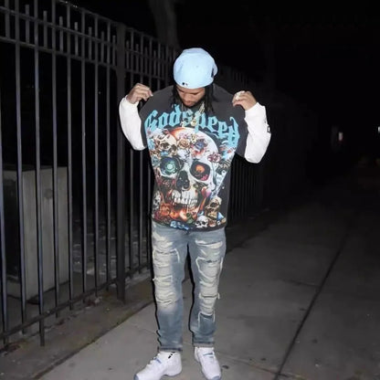 God spe**  Amig**Washed and distressed American street style unisex summer pure cotton loose retro short sleeve T Shirt-0445