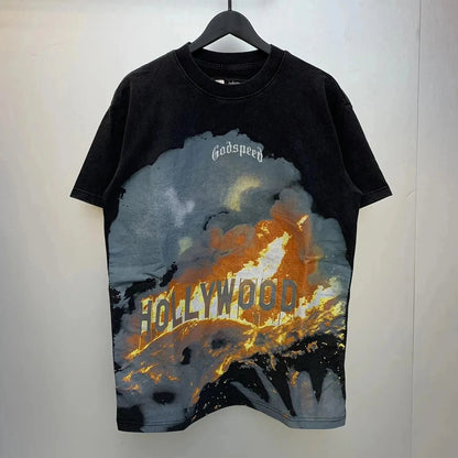 God spe**  Amig**Washed and distressed American street style unisex summer pure cotton loose retro short sleeve T Shirt-0445