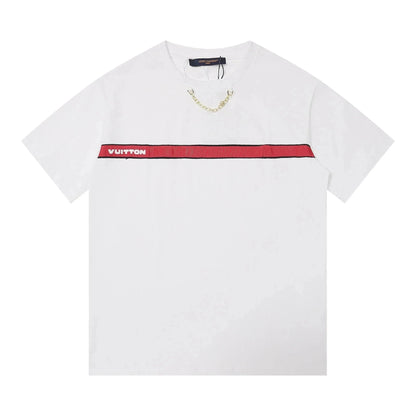 New short-sleeved red logo woven strap decorative chain T Shirt-1156
