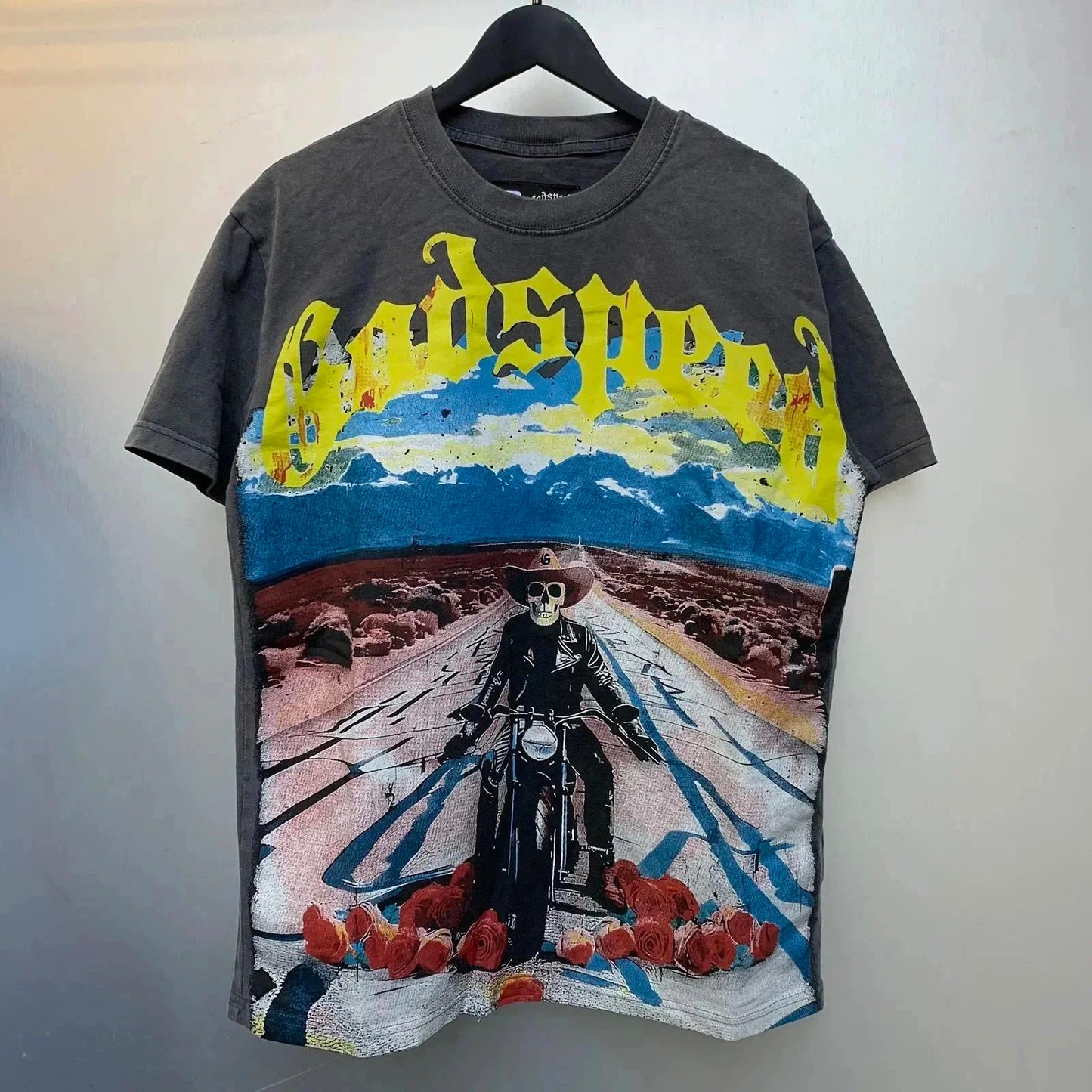 God spe**  Amig**Washed and distressed American street style unisex summer pure cotton loose retro short sleeve T Shirt-0445