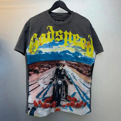 God spe**  Amig**Washed and distressed American street style unisex summer pure cotton loose retro short sleeve T Shirt-0445