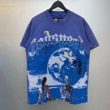 God spe**  Amig**Washed and distressed American street style unisex summer pure cotton loose retro short sleeve T Shirt-0445