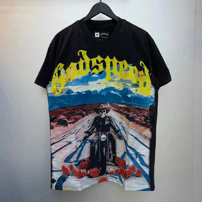 God spe**  Amig**Washed and distressed American street style unisex summer pure cotton loose retro short sleeve T Shirt-0445