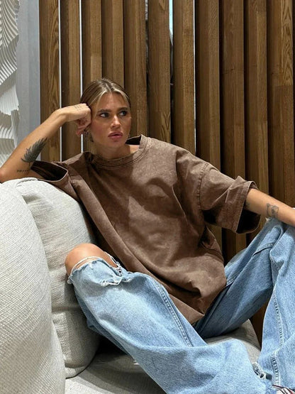 Women's Yoga Clothing European and American Loose Casual Short Sleeve T T-shirt Round Neck Washed Brushed Breathable Sports Top-2568