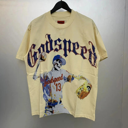 God spe**  Amig**Washed and distressed American street style unisex summer pure cotton loose retro short sleeve T Shirt-0445