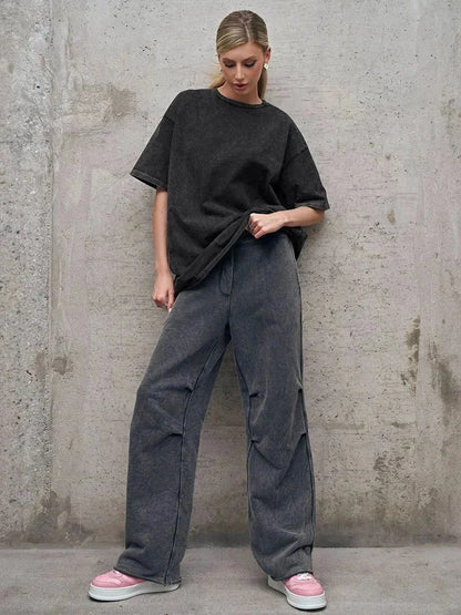 Women's Yoga Clothing European and American Loose Casual Short Sleeve T T-shirt Round Neck Washed Brushed Breathable Sports Top-2568