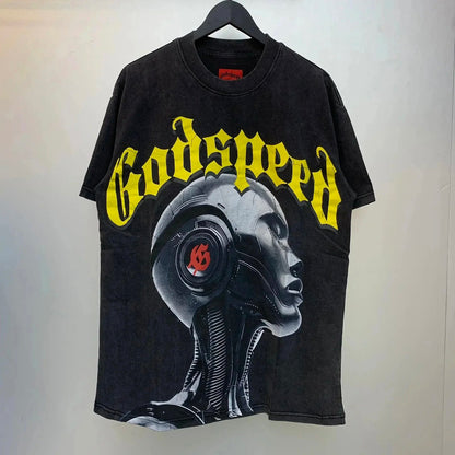 God spe**  Amig**Washed and distressed American street style unisex summer pure cotton loose retro short sleeve T Shirt-0445