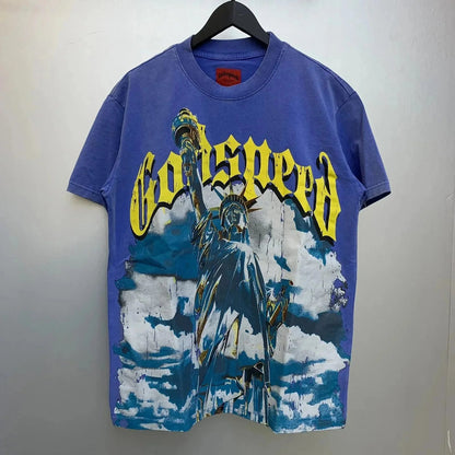 God spe**  Amig**Washed and distressed American street style unisex summer pure cotton loose retro short sleeve T Shirt-0445