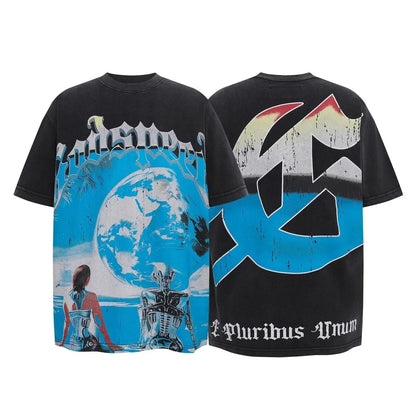 God spe**  Amig**Washed and distressed American street style unisex summer pure cotton loose retro short sleeve T Shirt-0445