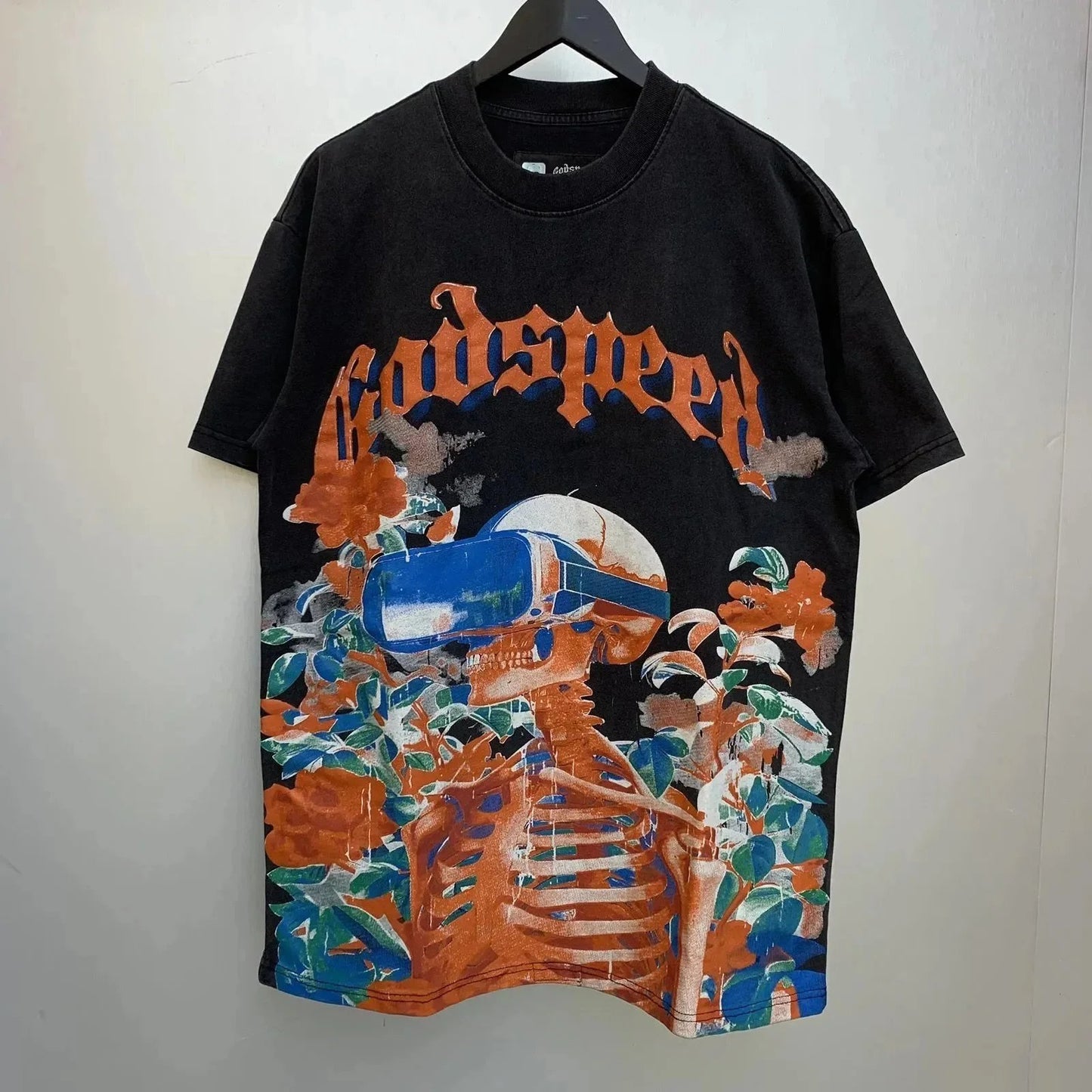 God spe**  Amig**Washed and distressed American street style unisex summer pure cotton loose retro short sleeve T Shirt-0445